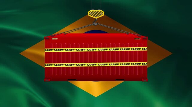 Tariff on Brazilian Container: A red shipping container, emblazoned with the word TARIFF, hangs suspended by a crane against the backdrop of the Brazilian flag, symbolizing trade restrictions.
