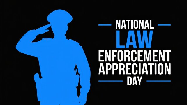 National Law Enforcement Appreciation Day concept. Blue silhouette of a police officer saluting on a black background. Police gratitude, respect, and support.