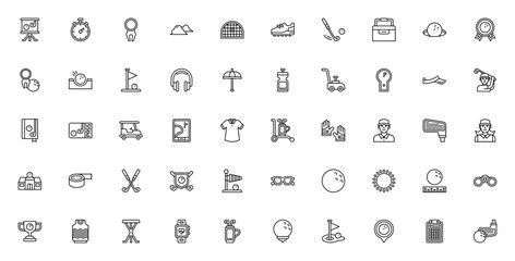 Golf icon set. Minimal vector icons pack. Featuring golf course, ball, club, flag, shoes, swing, cart, bag, trophy, hole in one, putter, score and more. Editable vector stroke. © wang