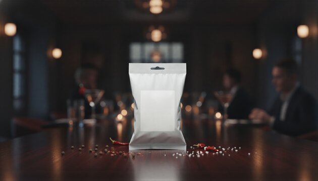 Premium white snack package with a wrap-around label on a polished dark wood bar