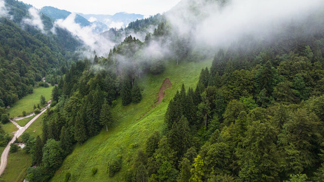 Spectacular drone overview reveals high mountain ridges along border of Austria and Slovenia. Massive Alpine peaks, deep valleys, and evergreen forests dominate majestic European landscape.