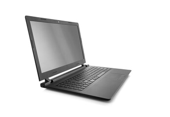 Naklejka premium Modern black open laptop isolated on a white background.