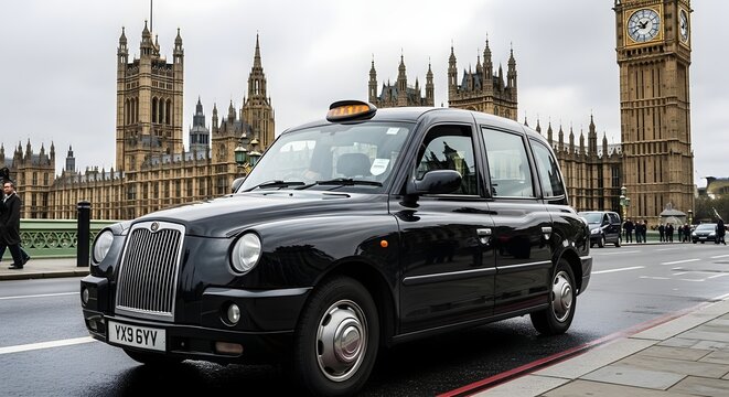 A classic black London taxi cab drives on a city street with Big Ben and Parliament in the background