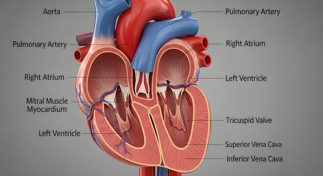 A detailed labeled cross section 3D diagram illustrates the complex anatomy of the human heart clearly