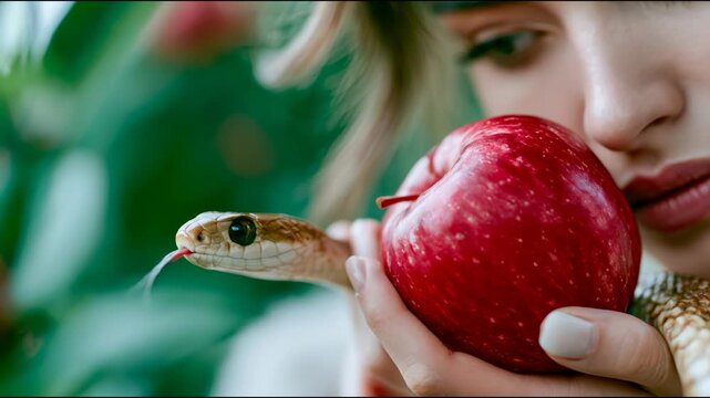 Woman holding a red apple beside a snake in a lush garden, symbolizing temptation, danger, forbidden fruit, and biblical allegory