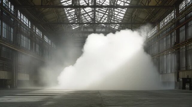 Abandoned factory building with a high ceiling and large windows, featuring atmospheric smoke illuminated by shafts of light creating a mysterious and imposing setting