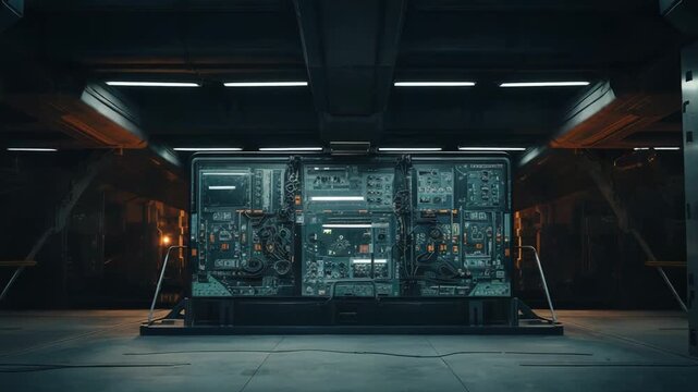 Advanced server room hardware with glowing circuitry and cables in a dark data center, conveying ai driven computing, secure infrastructure, connectivity and digital innovation
