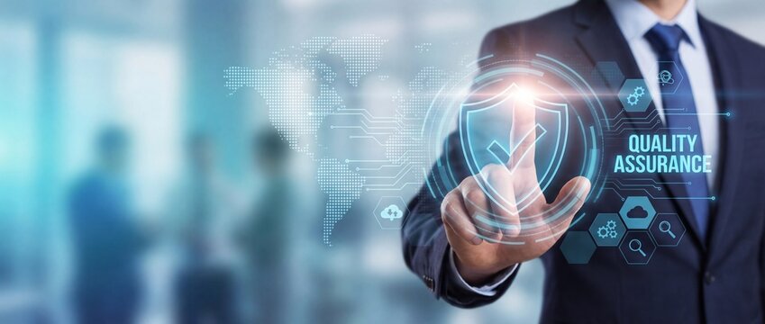 Businessman hand touches digital shield icon with checkmark on quality assurance hologram interface