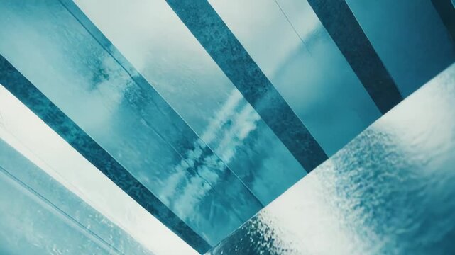 Water continuously flowing over and through layered translucent panels, creating abstract patterns, reflections, and a refreshing visual with subtle ripples and light effects