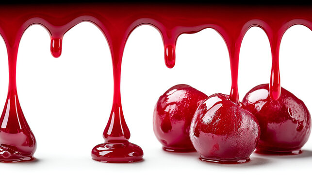 Thick red fruit syrup dripping over fresh cherries on white background