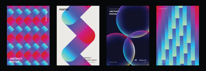 Abstract gradient vector poster set with colorful geometric backgrounds, bright ribbon shapes, soft blobs, vertical stripes, neon blocks and modern cover designs. © TWINS DESIGN STUDIO