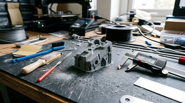 A cluttered workshop table with various tools and a 3D printed object in the center