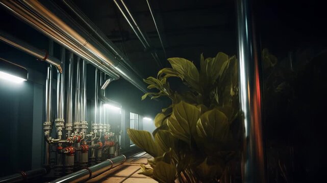 Plants are growing in an advanced vertical farm, combining natural foliage with a complex system of metallic pipes and machinery in a controlled high tech cultivation setting