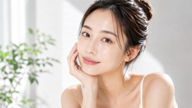 笑顔の美しい自然な雰囲気の女性、日本人女性美人モデルの写真。美容、スキンケア、コスメ広告用。
