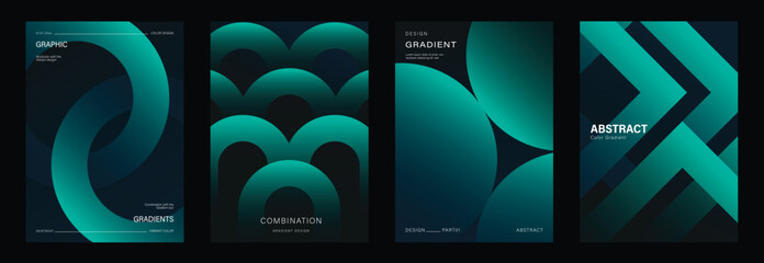 Naklejka na ściany i meble Abstract gradient poster vector set with dark teal geometric backgrounds, modern minimal cover layouts, circle shapes, arch patterns, arrow forms and futuristic graphic designs.