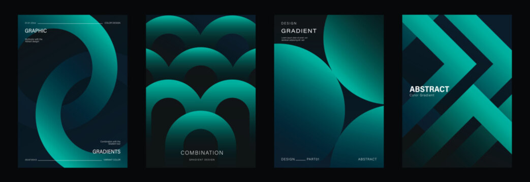 Abstract gradient poster vector set with dark teal geometric backgrounds, modern minimal cover layouts, circle shapes, arch patterns, arrow forms and futuristic graphic designs.