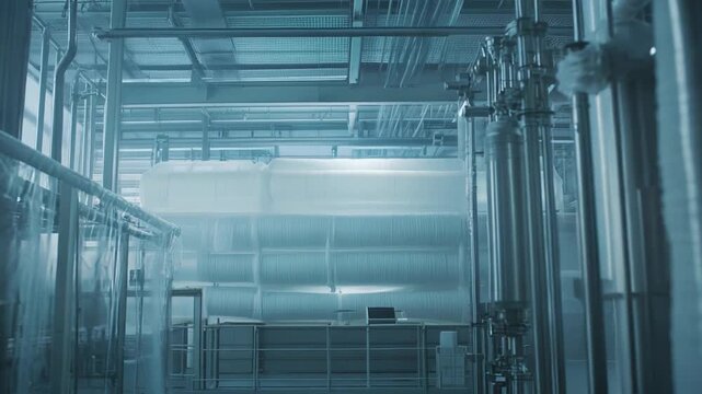 Sterile industrial plant interior with stainless steel pipes, tanks and automated machinery forming a precise, modern processing system for pharmaceutical, chemical or food production