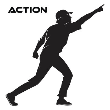 Dynamic silhouette of a man in motion wearing a baseball cap and casual clothing energetically pointing forward with one arm raised conveying a sense of leadership direction