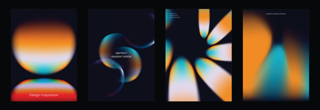 Abstract gradient vector poster set with dark navy backgrounds, glowing blurred shapes, orange teal soft blobs, radial petal rays and modern minimal cover designs.