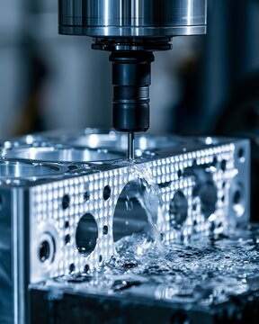 Hybrid engine block machining process with focus on innovative CNC tools shaping composite metal parts demonstrating modern manufacturing efficiency and precision control.