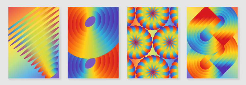 Abstract gradient Pride Month poster vector set with colorful geometric backgrounds, rainbow mesh, blurred shapes, overlapping curves and modern LGBTQIA+ celebration cover designs.