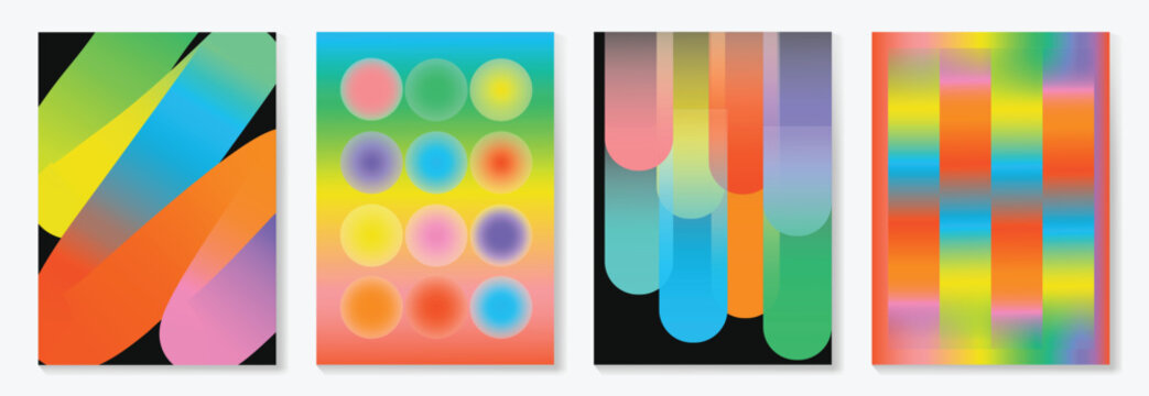 Abstract gradient Pride Month poster vector set with colorful geometric backgrounds, rainbow mesh, blurred shapes, overlapping curves and modern LGBTQIA+ celebration cover designs.