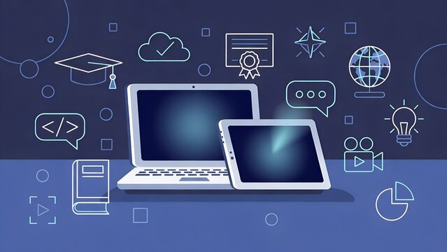 Digital learning technology background with laptop and tablet