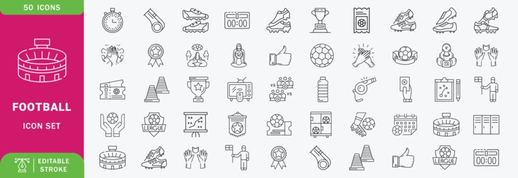 Set of 50 outline icons related to football, soccer. Linear icon collection. Editable stroke. Vector illustration