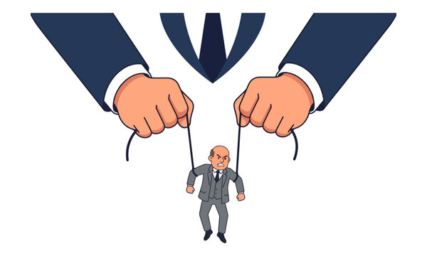 Business puppet master hands manipulating worker with strings