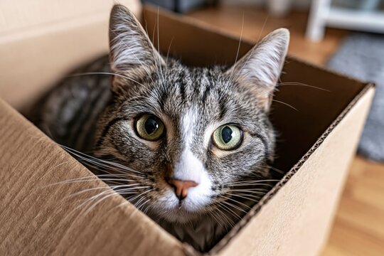 Close-up portrait of a tabby cat sitting inside a brown cardboard box, curious domestic feline with green eyes looking at the camera