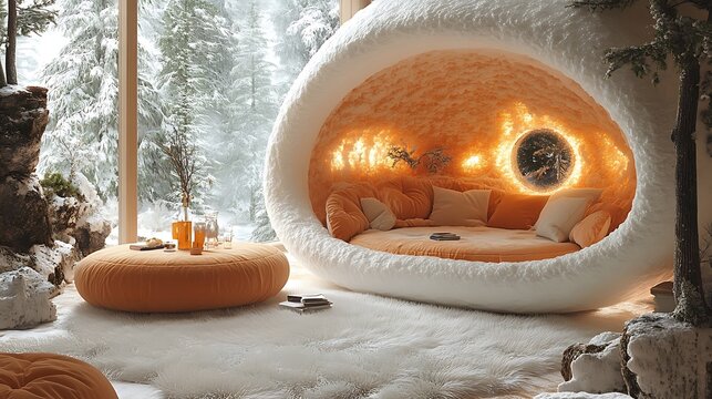 Modern interior with cozy cocoon seating and snowy exterior