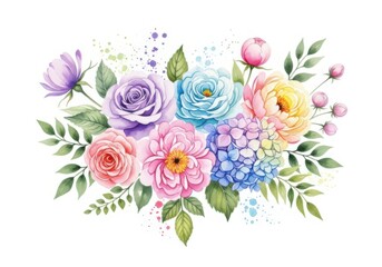 Fototapeta premium Watercolor floral bouquet with roses and hydrangeas