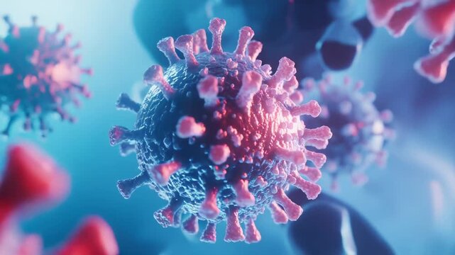 Coronavirus cells with red spike proteins and blue membranes actively floating in a medical environment, illustrating a global health pandemic and spreading virus disease