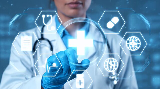 Healthcare technology interface with a doctor touching glowing digital medical icons
