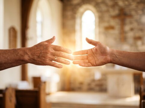 Hands reaching, forming spiritual connection in church