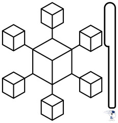Obraz premium Blockchain technology, decentralized systems, digital networks, data sharing, innovation, and technology. A central cube connected to six smaller cubes. Blockchain and decentralized systems concept