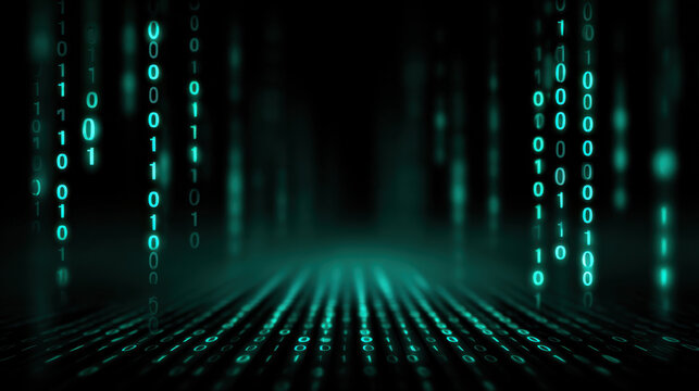 Binary code background, digital matrix, glowing data stream, cyber space, virtual corridor, teal light, dark technology