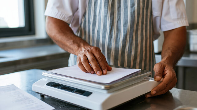 Restaurant cost management concept chef hand weighing food scale paper order kitchen budget control