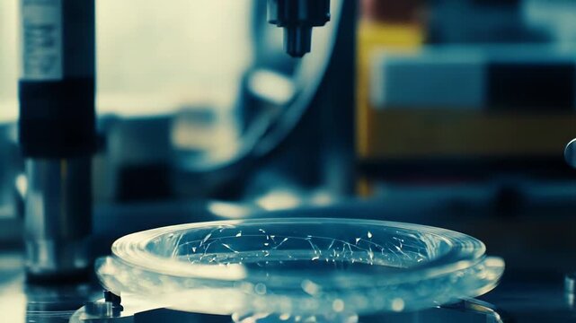 Industrial 3d printer head depositing liquid resin into a circular mold, precisely building a transparent object layer by layer using stereolithography and advanced manufacturing technology