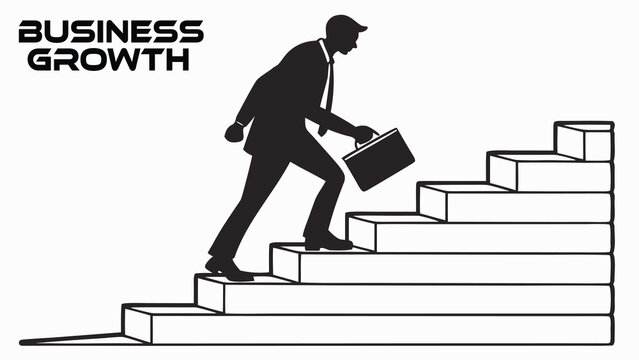 Dynamic silhouette of a determined businessman in a suit ascending a stark staircase briefcase in hand symbolizing business growth and career advancement against a clean