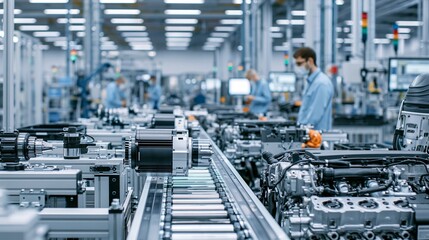 Fototapeta premium Medium shot inside hybrid engine assembly area showing engineers integrating electric motor units with traditional engine parts using precision instruments and automated conveyors.
