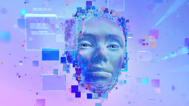 Futuristic 3D animation of AI digital human face with glowing data panels and purple voxel particles, concept of machine learning, virtual assistant and artificial intelligence.