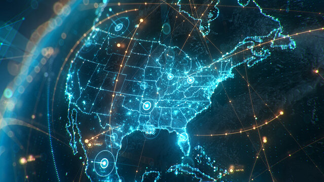 Futuristic digital globe of Earth with glowing data points network connections on a dark background. Worldwide links on planet earth at night. Concept of World communication technology. 3d render