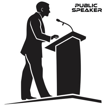 Dynamic silhouette of a confident male public speaker in a sharp suit gesturing while standing behind a modern podium with a microphone conveying authority and engagement