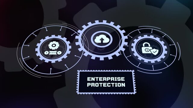 Global enterprise protection and cyber security strategy interface with digital gears, secure lock shield, and cloud server defense