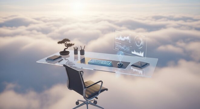 Floating office desk above clouds
