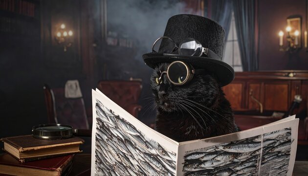 A sophisticated black cat adorned with a top hat and steampunk goggles intently reading a newspaper in a vintage study setting.