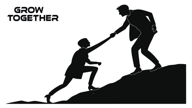 Business partnership silhouette of two colleagues reaching for each other on a steep hill symbolizing teamwork support and achieving goals together with a motivational grow