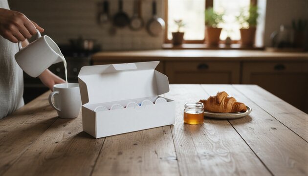 Rustic breakfast scene featuring a plain white coffee pod box and fresh pastry