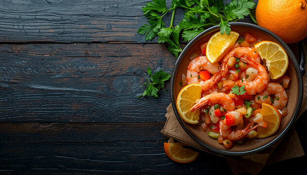 Fresh Shrimp Ceviche Served in a Wooden Bowl with Orange Slices on Dark Stone Background